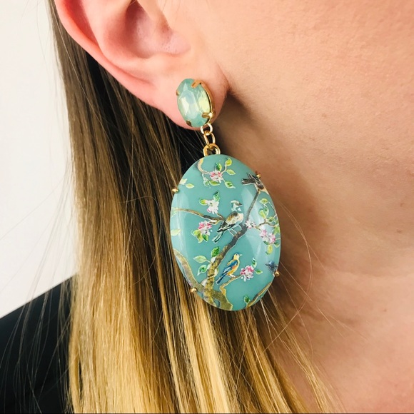 Bird Oval Earrings Tree Branch Leaf Dangling Drop - Picture 2 of 4